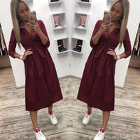 Women Vintage Front Button Sashes Party Dress Three Quarter Sleeve Turn Down Collar Solid Dress 2019 Autumn New Fashion Dress