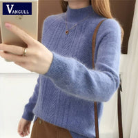 Vangull Half-Turtleneck Knitted Sweater Women Long Sleeve Thick Soft Female Pullovers 2019 Winter Warm New Solid Bottoming-shirt