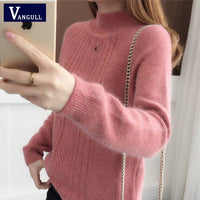 Vangull Half-Turtleneck Knitted Sweater Women Long Sleeve Thick Soft Female Pullovers 2019 Winter Warm New Solid Bottoming-shirt