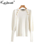 Vintage Elegant Faux Pearl Buttons Knitted Sweaters Women 2019 Fashion Lantern Sleeve Stretchy Office Wear Pullovers Chic Tops