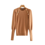 Vintage Elegant Faux Pearl Buttons Knitted Sweaters Women 2019 Fashion Lantern Sleeve Stretchy Office Wear Pullovers Chic Tops