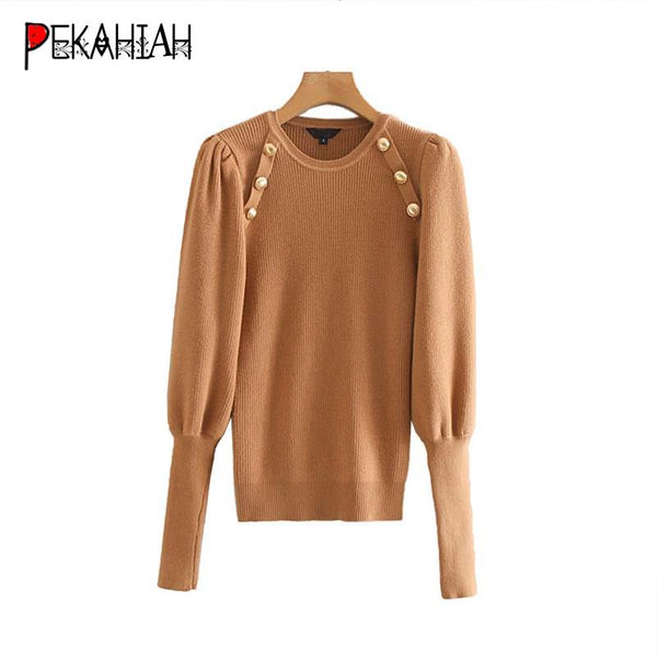 Vintage chic black white knitted sweaters women pullover casual o neck puff sleeve stretchy ladies sweaters winter clothes women