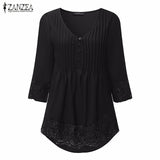 ZANZEA Women 2019 Autumn Elegant Lace Blouses Shirts Sexy V Neck Casual 3/4 Sleeve Asymmetrical Solid Blusas Tops Oversized